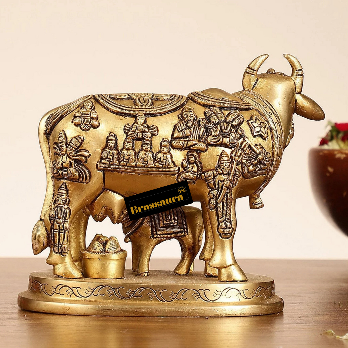 Brassaura™ Engraved Brass Kamdhenu Statue | 5 Inches Height | 2 Kgs Weight | Antique Gold Finish
