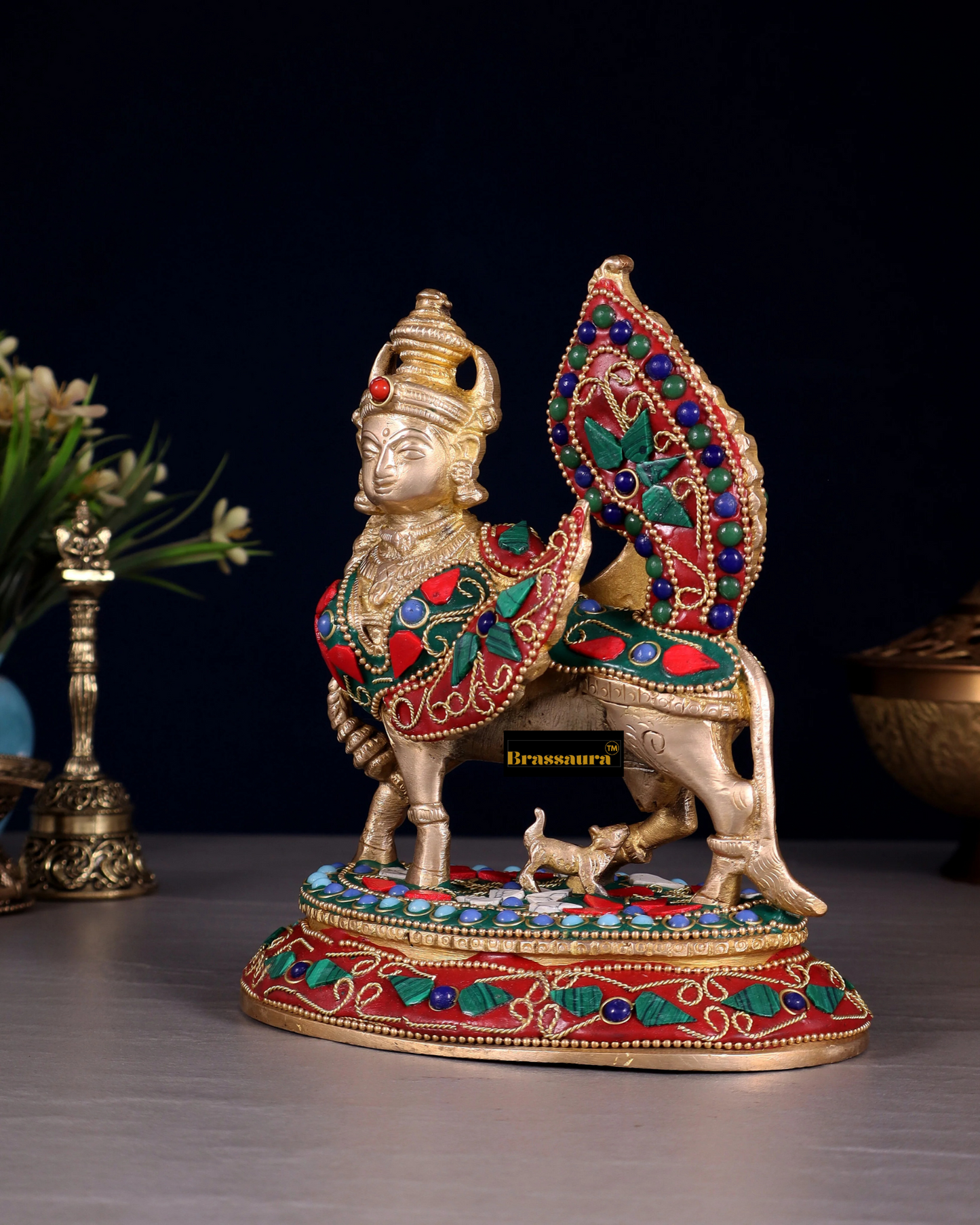 Brassaura™ Brass Kamdhenu Cow with Calf – Meenakari Stonework | 7 Inches Height | 1.59 Kgs Weight | Symbol of Nurturing & Prosperity