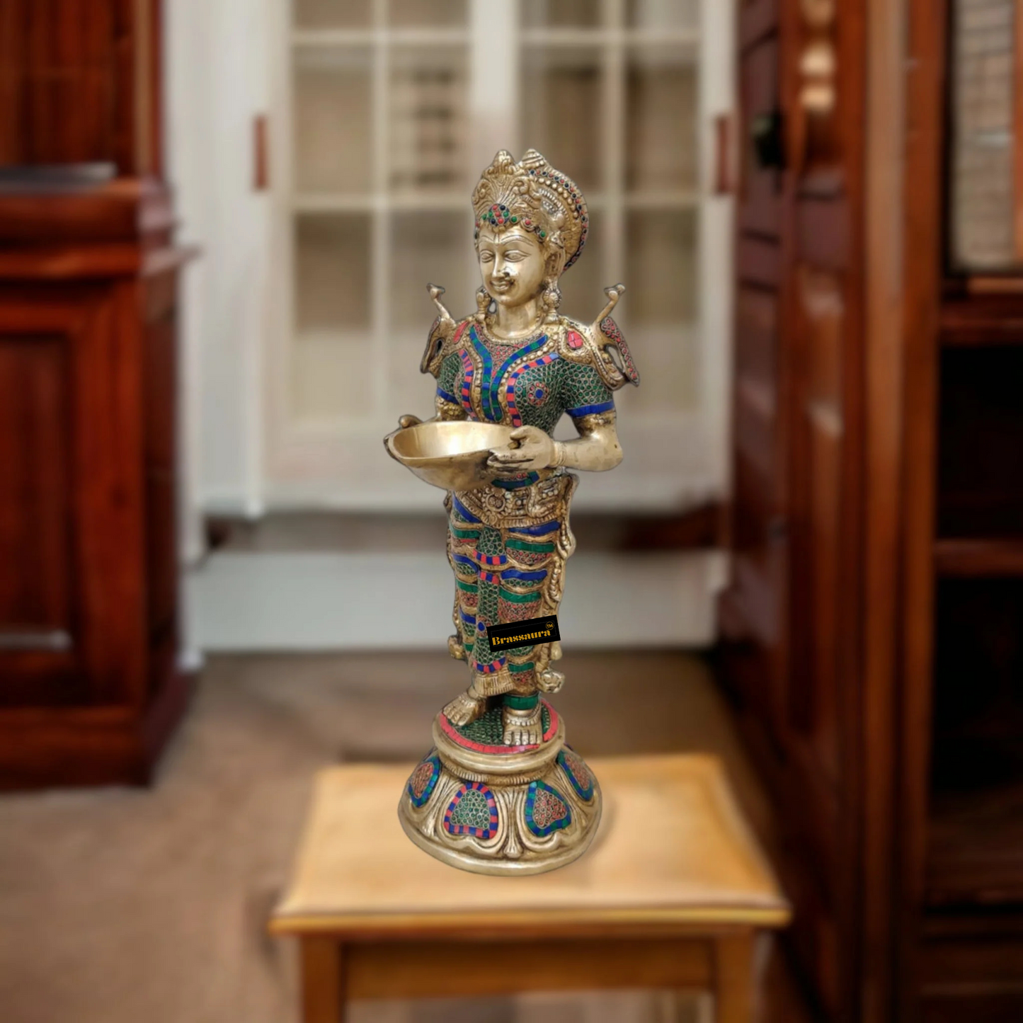 Brassaura™ Superfine Brass Lakshmi Deepam Lamp with Natural Stone Inlay | 30 Inches Height | 17 Kgs Weight | Traditional Decor & Gifting