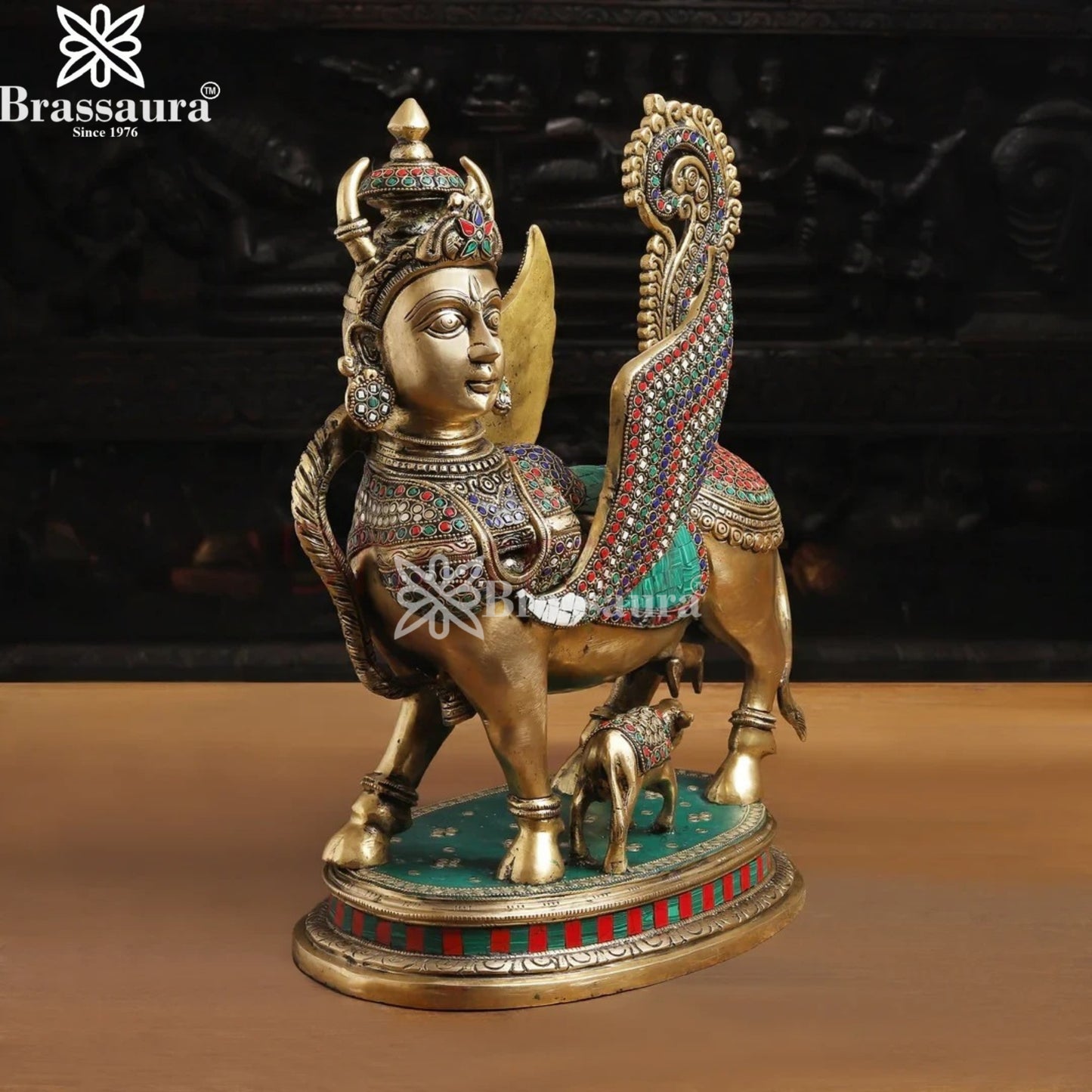Brass Gem Stone Work Kaamdhenu Statue Weight 13.1 Kg And Height 17 Inch