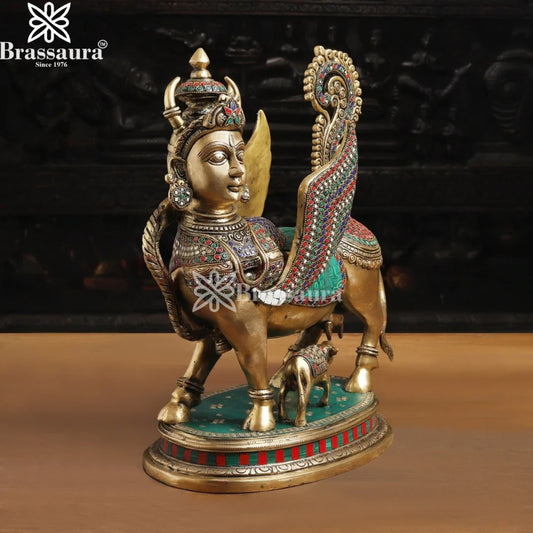 Brassaura™ Brass Gem Stone Work Kamdhenu Cow & Calf Idol – Height 17 Inches & Weight 13.1 Kgs | Divine Home & Pooja Sculpture
