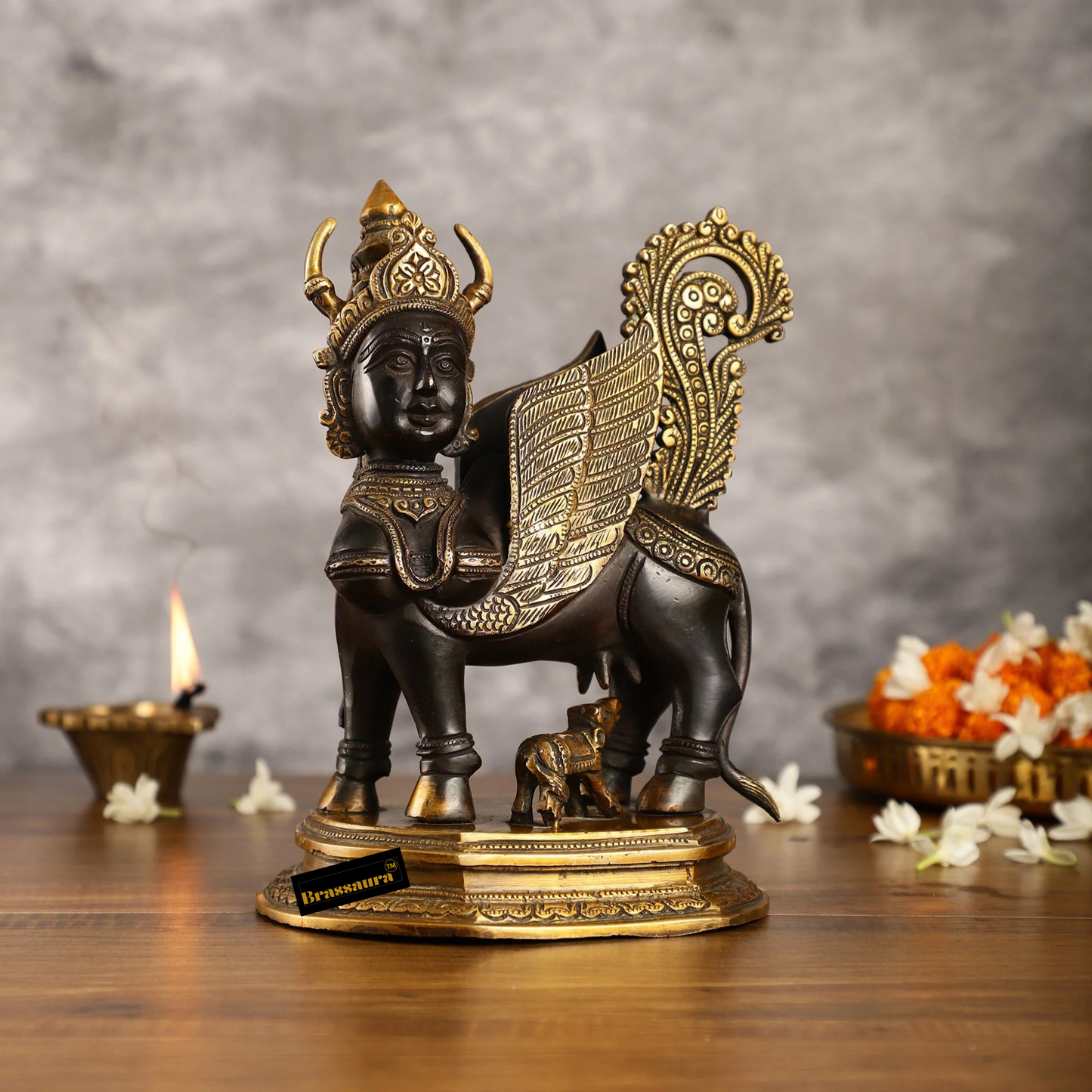 Brassaura™ Handcrafted Brass Kamdhenu Cow with Calf Statue | 10 Inches Height | 5 Kgs Weight | Elegant Black & Gold Finish
