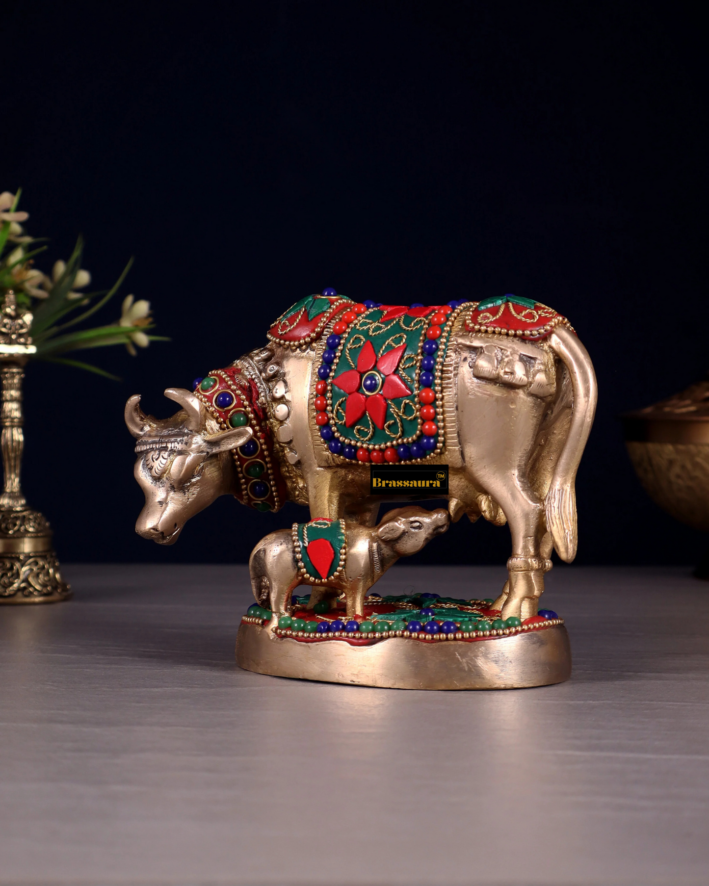 Brassaura™ Handcrafted Brass Kamdhenu Cow with Calf Idol | 3.8 Inches Height | 915g Weight | Symbol of Abundance & Blessings