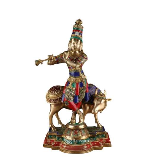 Brass Gem Stone Work Cow Krishna Murti Weight 26.7 Kg And Height 26.5 Inch