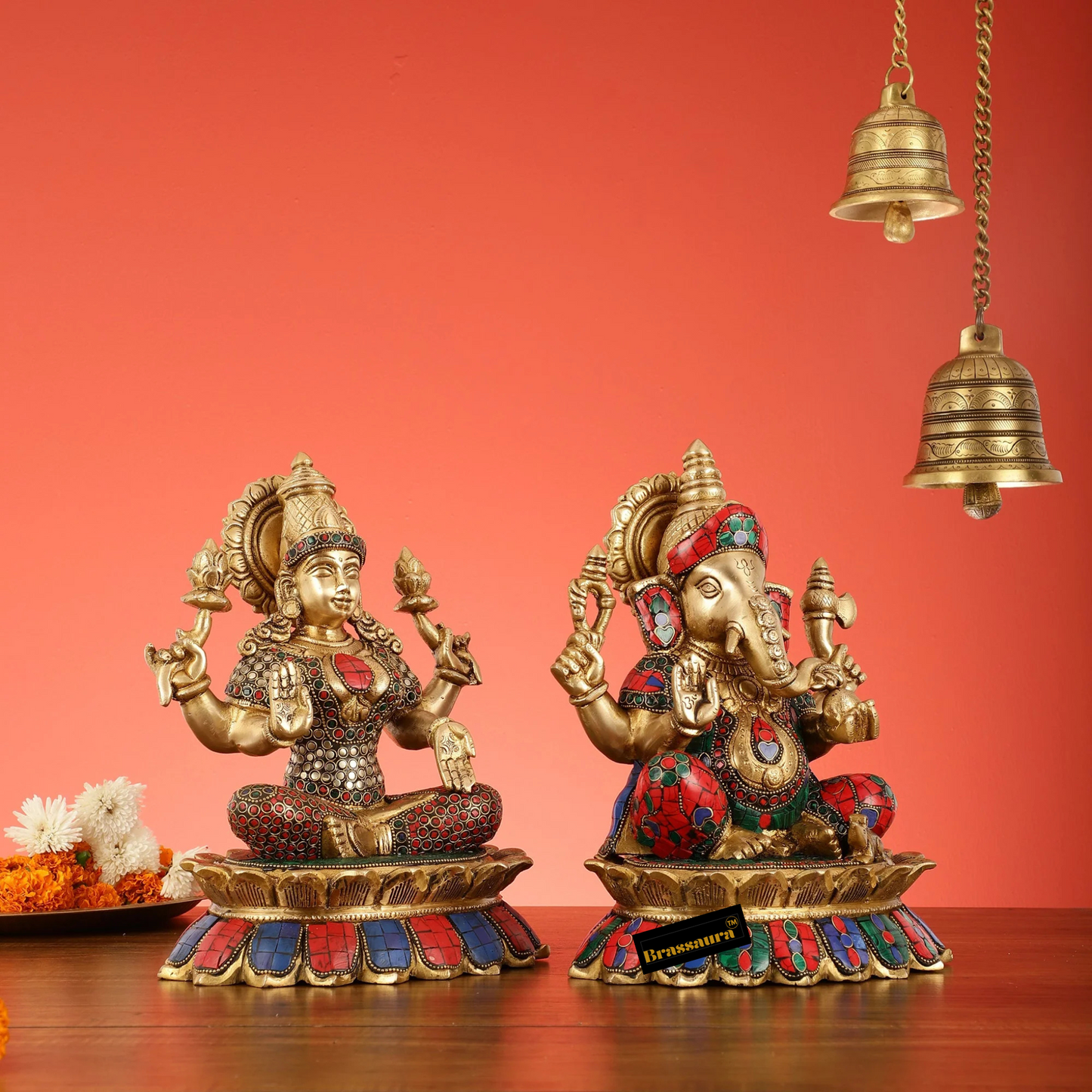 Brassaura™ Brass Divine Pair – Lord Ganesha & Goddess Lakshmi on Lotus – Height 11 Inches, Weight 14 Kgs