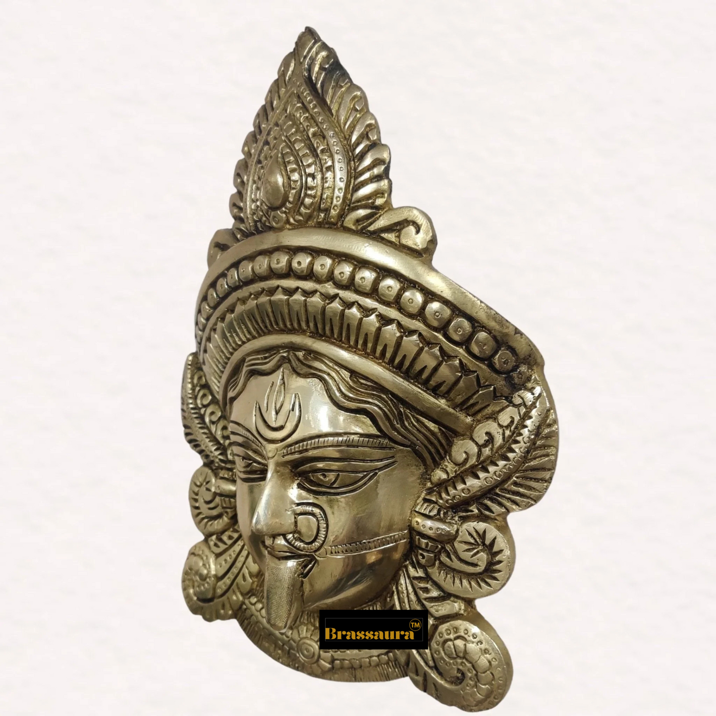 Brassaura™ Goddess Durga Brass Wall Mask – 2.2kg | 10.5" Height – Shiny Finish | Handcrafted Wall Mount