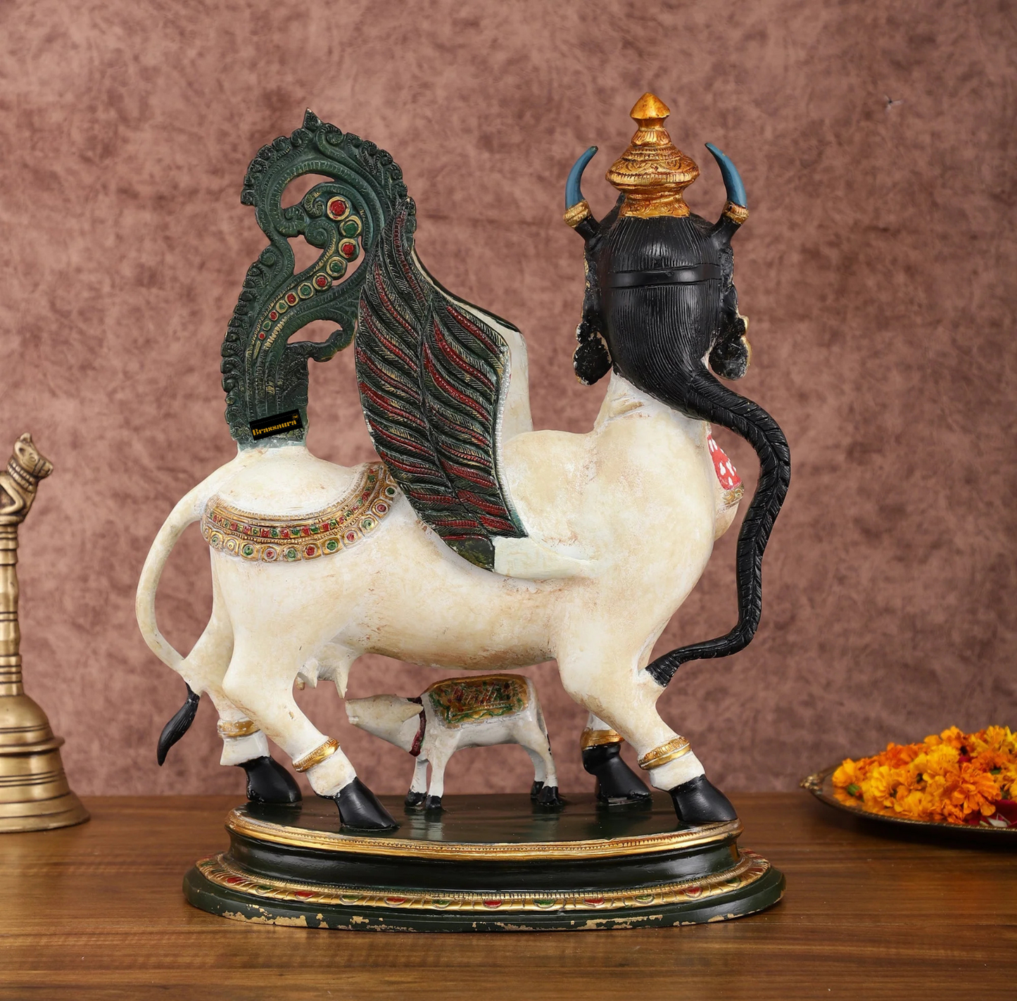 Brassaura™ Kamdhenu Cow Statue with Vintage Hand-Painted Mewar Style | 16.5 Inches Height | 14 Kgs Weight | Divine Symbol of Grace & Prosperity