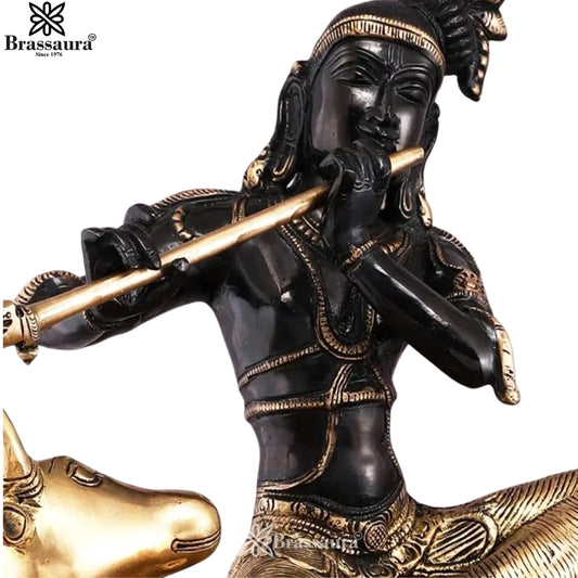Brassaura® Brass Lord Krishna Sitting on Sacred Cow Playing Flute Idol | Dual-Tone Antique Brass Murti for Home Temple, Pooja & Spiritual Décor | Height 21 Inches | Weight 15 Kg