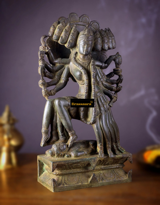 Brassaura® Mahakali Brass Idol – 10 Heads | 15" Height – Handcrafted | Vintage Finish