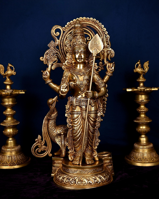 Brassaura™ Handcrafted Lord Murugan Statue in Superfine Brass – 20 Inches Height, 15 Kgs – With Peacock & Cobra
