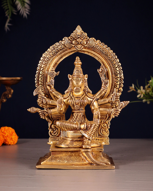 Brassaura™ Pure Brass Varahi Amman Idol – 8 Inch Height, 2 Kg Weight – Handcrafted Seated Goddess Statue with Prabhavali