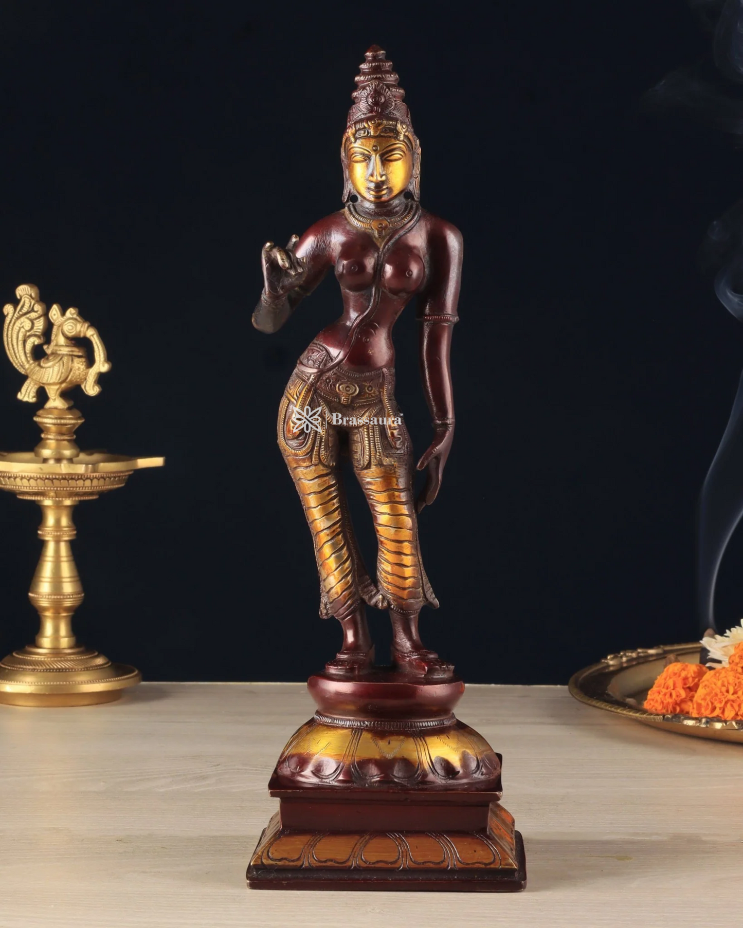 Brassaura™ Pure Brass Devi Parvati Uma Idol – 10 Inch Height, 2.5 Kg Weight – Vintage Chola Finish Standing Statue