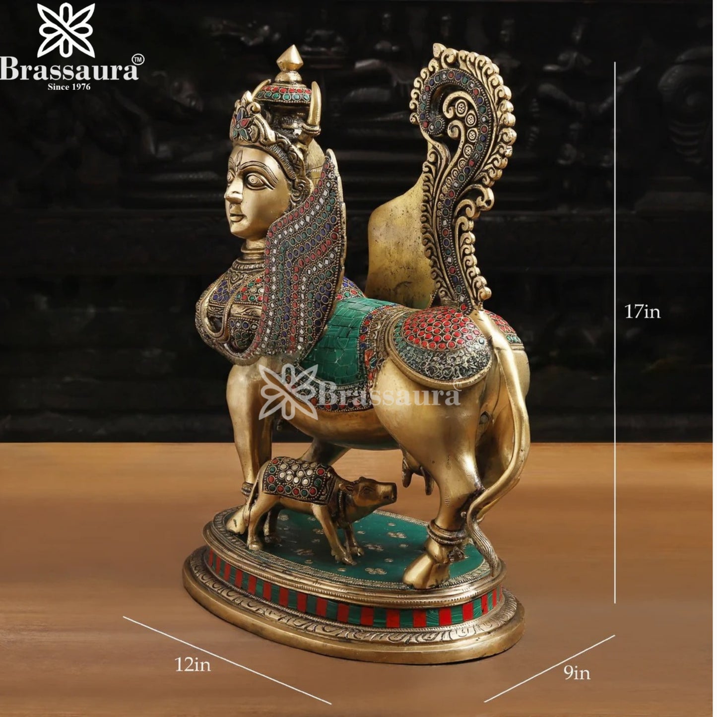 Brass Gem Stone Work Kaamdhenu Statue Weight 13.1 Kg And Height 17 Inch