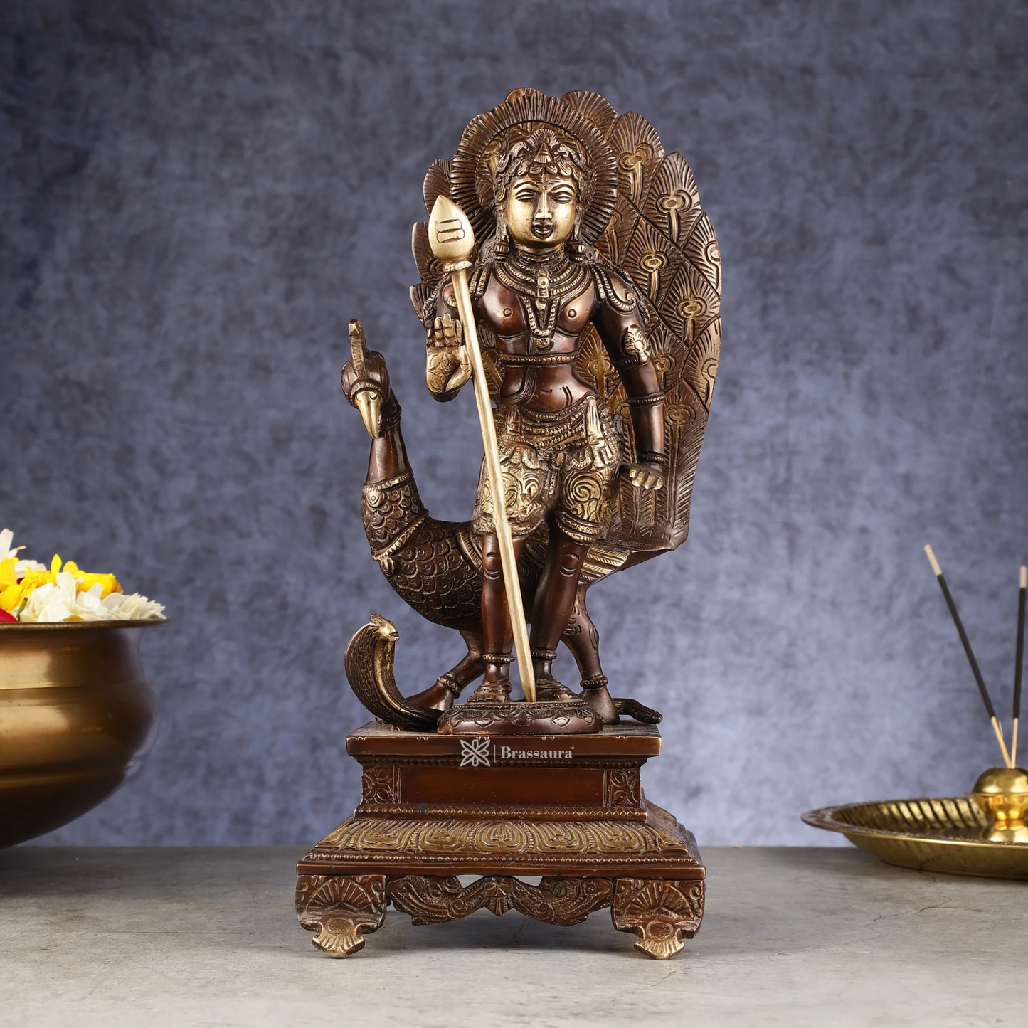 Brassaura™ Handcrafted Lord Murugan Brass Idol – 12.5 Inches Height, 4.5 Kgs – Chola Brown Antique Finish