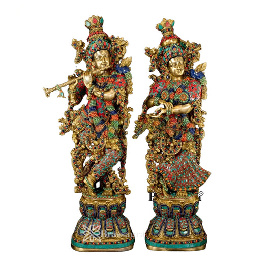 Brass Gem Stone Work Radha Krishna Weight 34 Kg And Height 29 Inch
