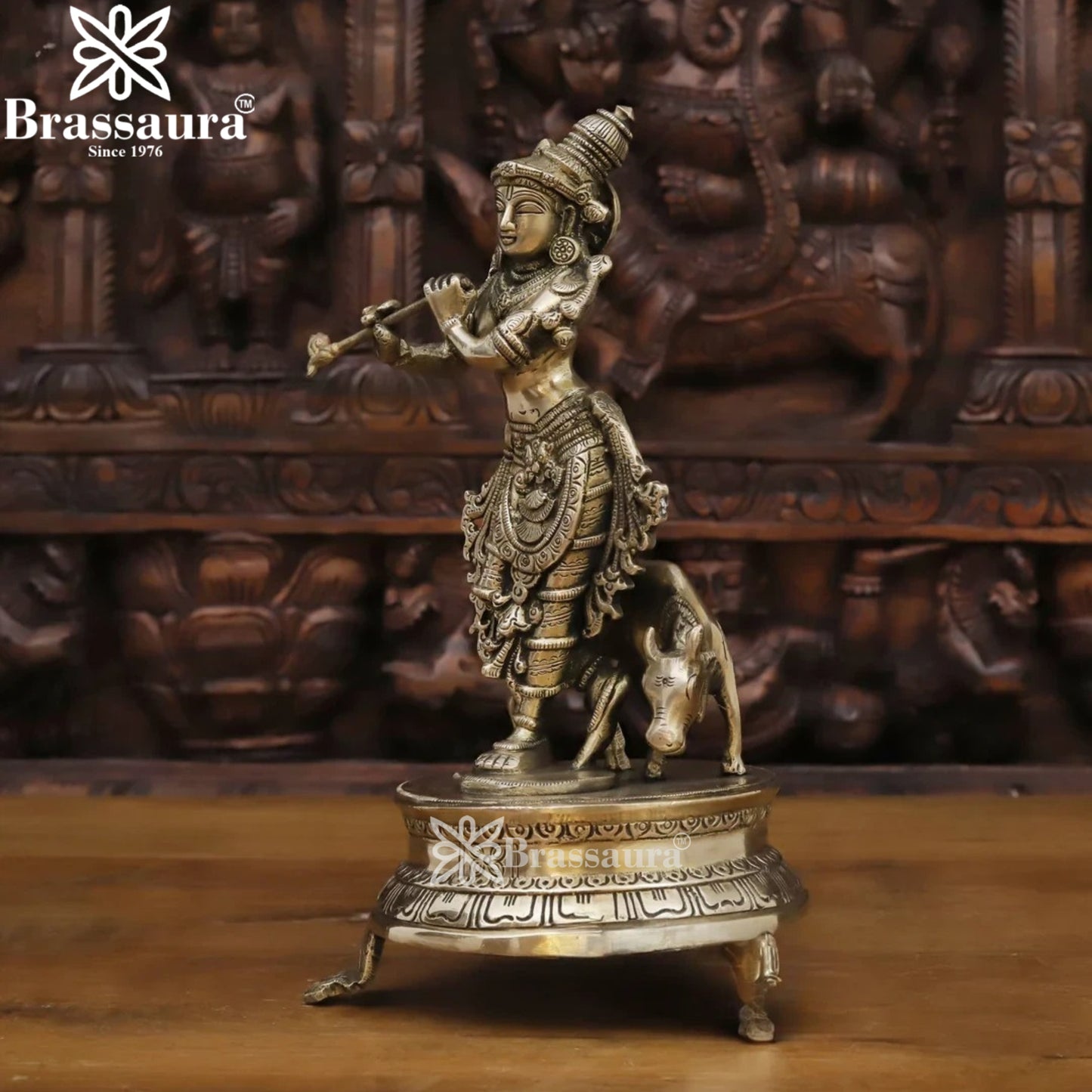 Brass Cow Krishna Murti Weight 2.6 Kg And Height 11 Inch