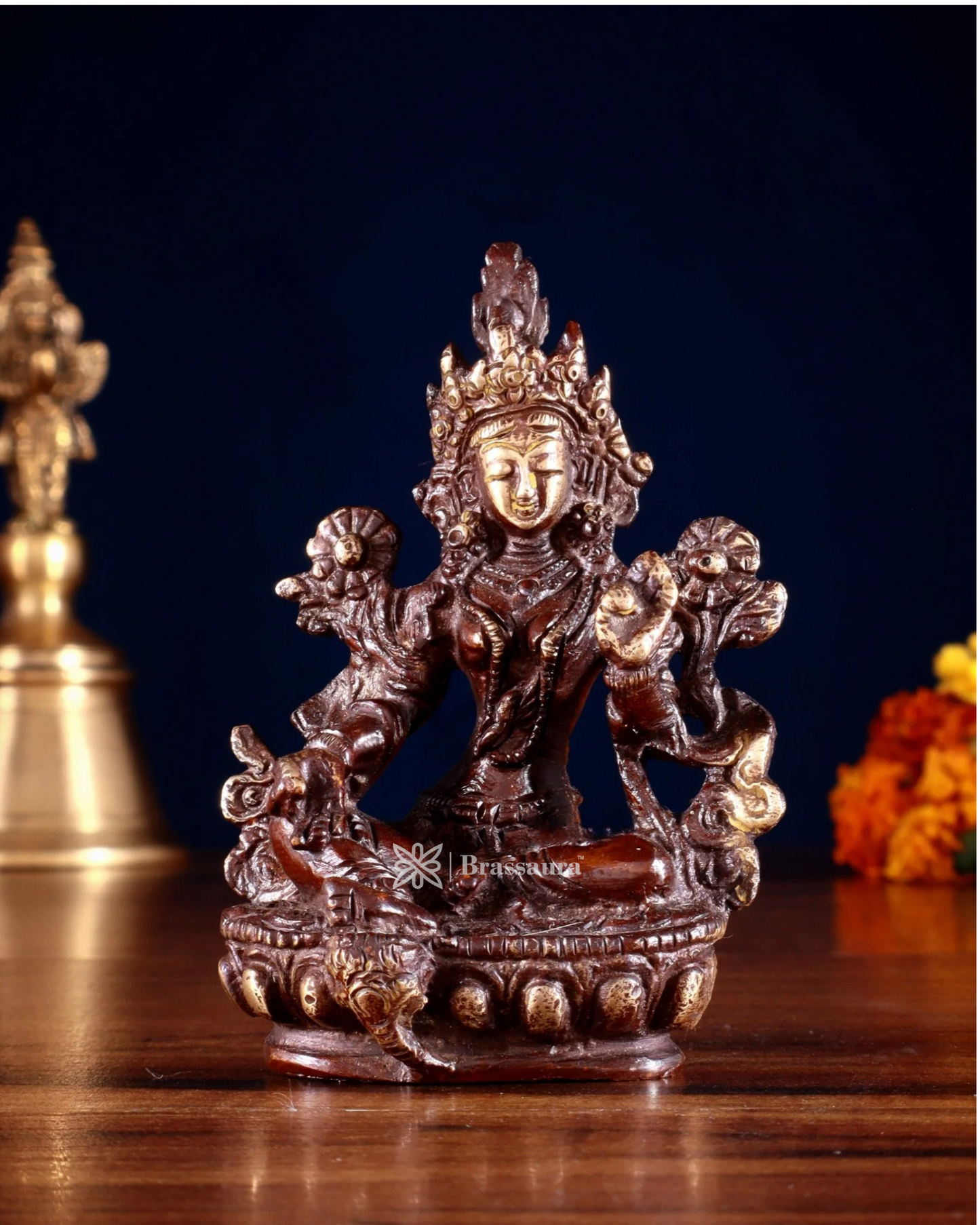 Brassaura™ Green Tara Brass Idol – Height 3.5 Inches | Weight 0.3 Kgs | Double Chola Finish