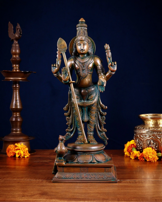 Brassaura™ Pure Brass Kartikeya Murugan Swamy Statue – 14 Inches Height, 4.45 Kgs – Chola Bronze Finish