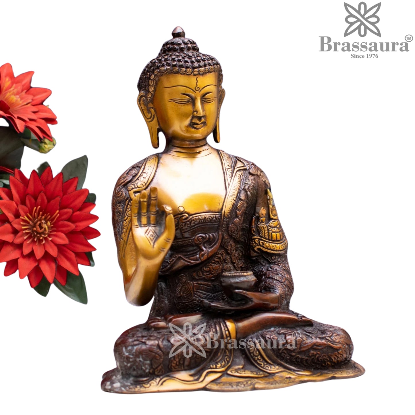 Brass Blessing Gem Stone Work Buddha Weight 4.5 kg & Height 11 Inch