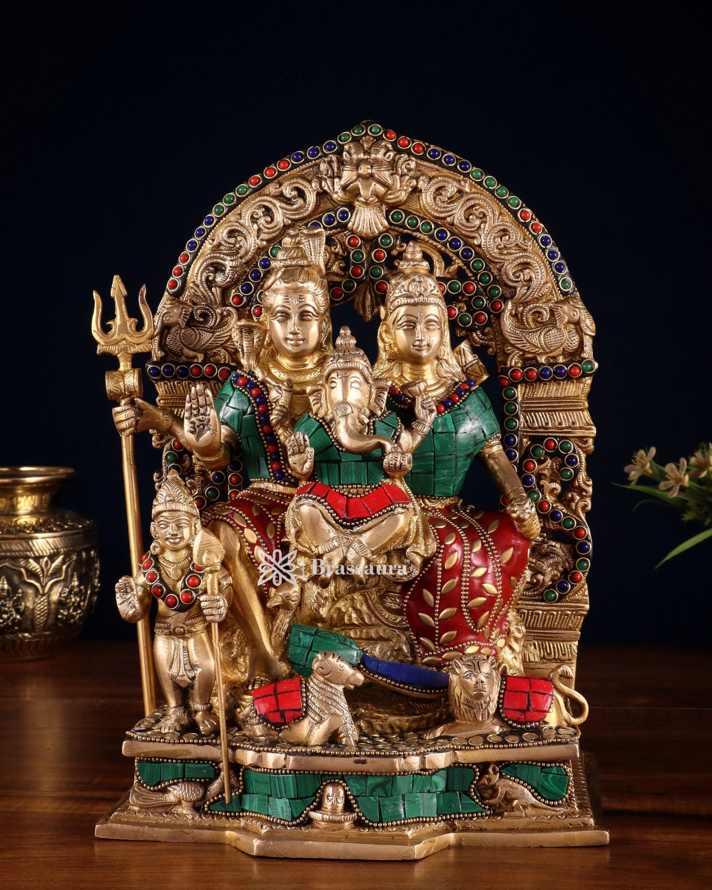 Brass Gem Stone Work Shiv parivar Idol for Home and Decor | Weight 6.8 Kg Height 12 inch | Multi-Coloured