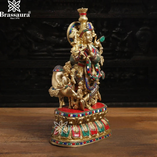 Brass Gem Stone Work Cow Krishna Murti Weight 16.56 Kg And Height 21 Inch