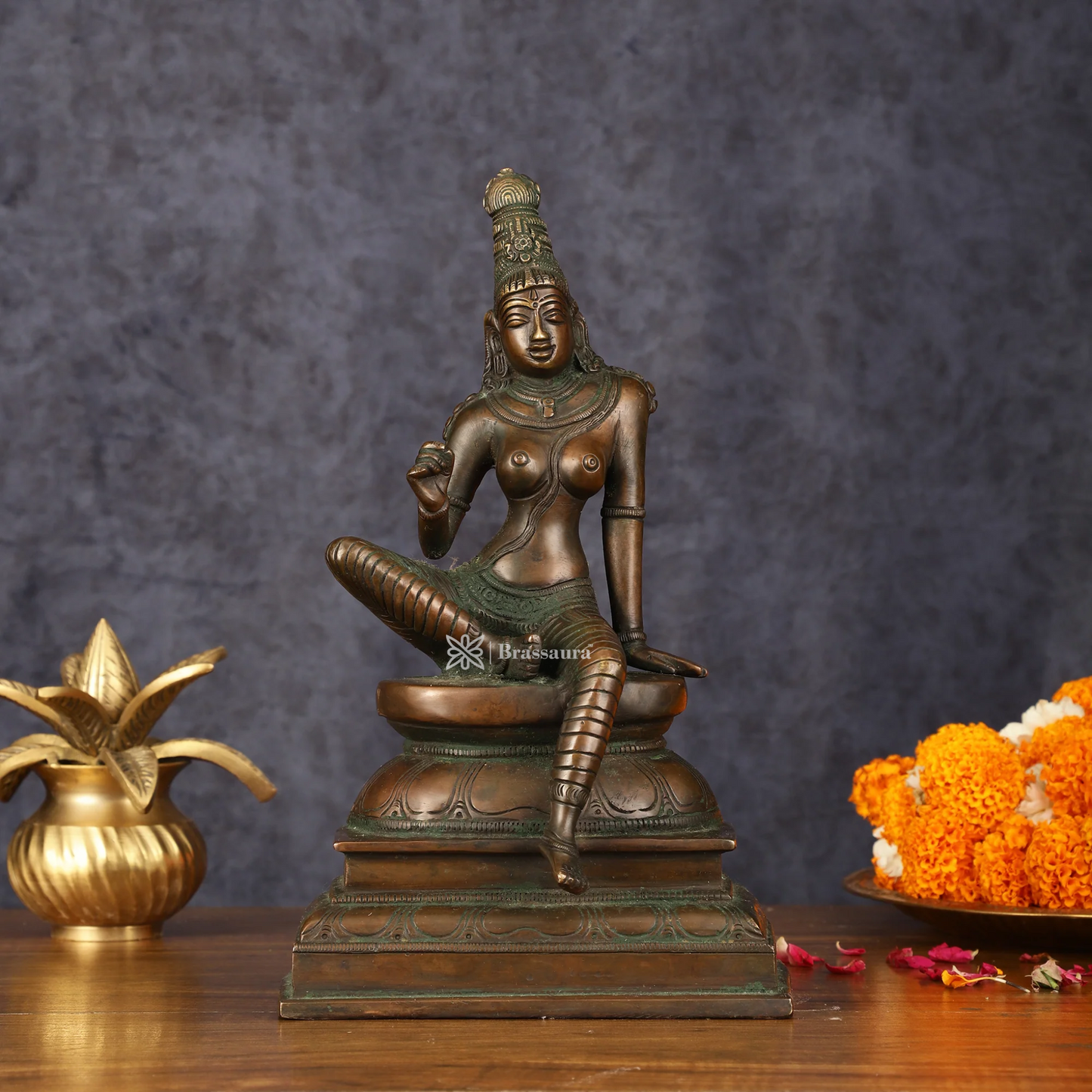 Brassaura™ Pure Brass Superfine Seated Parvati Idol – 11 Inch Height, 3.810 Kg Weight – Bronze Finish Statue