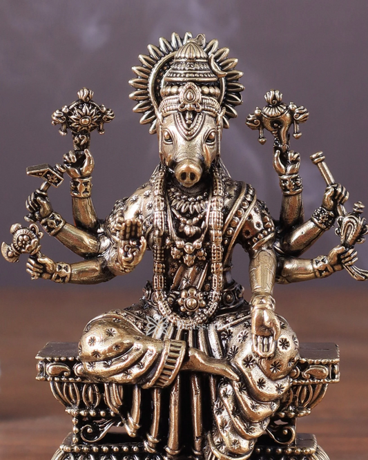 Brassaura™ Superfine Hollow-Cast Goddess Varahi Idol – 4 Inch Height, 0.23 Kg Weight – Intricately Handcrafted Brass Statue