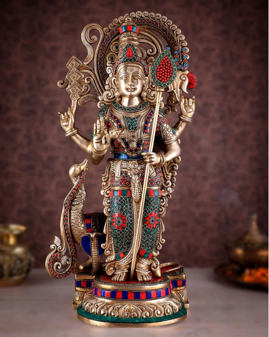 Brassaura™ Handcrafted Lord Murugan Statue in Superfine Brass – 20 Inches Height, 14 Kgs – With Peacock & Cobra