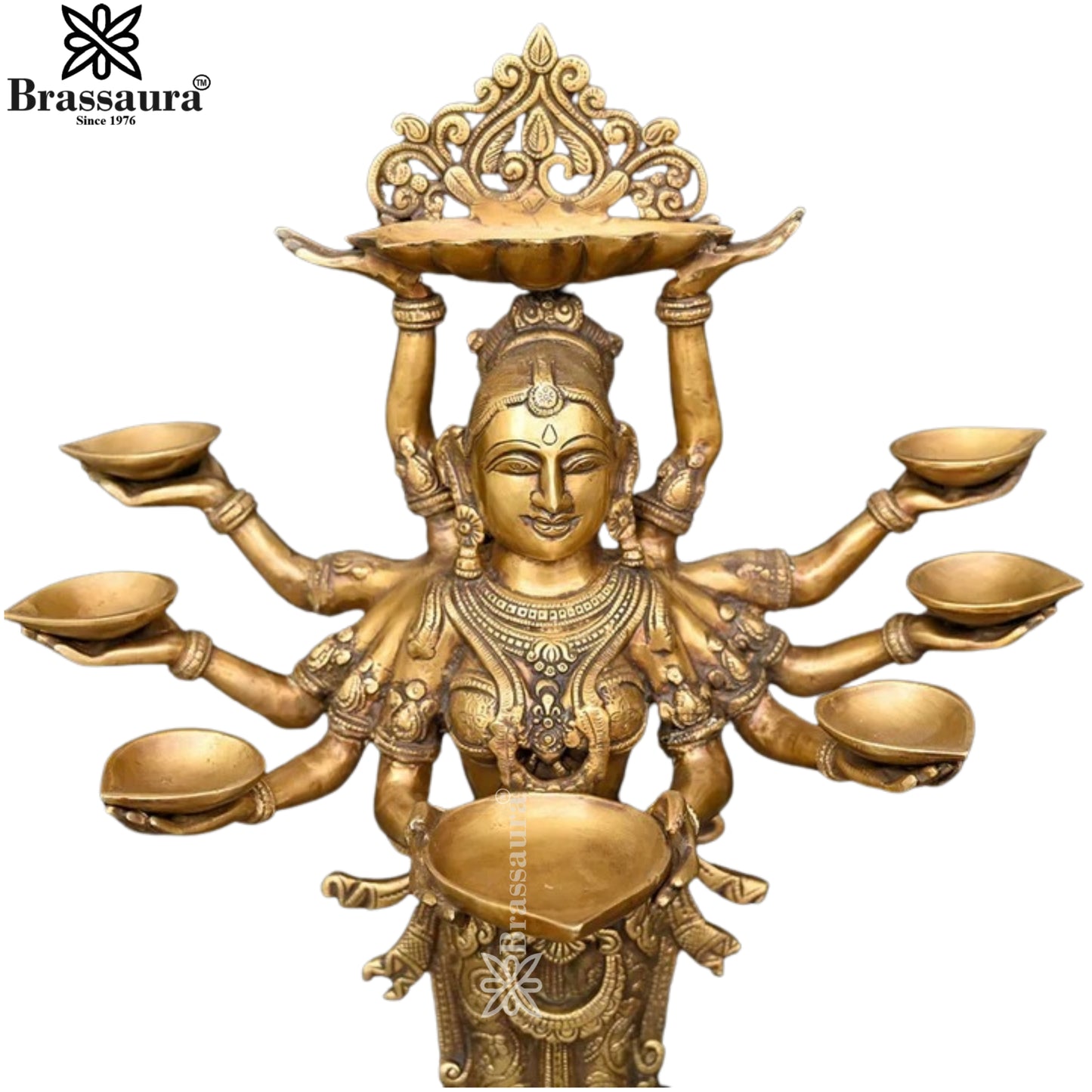 Brassaura™ Brass Standing Deep Laxmi With 8 Diya’s Statue– Height 27 Inches & Weight 16.37 Kgs | Home & Puja Décor