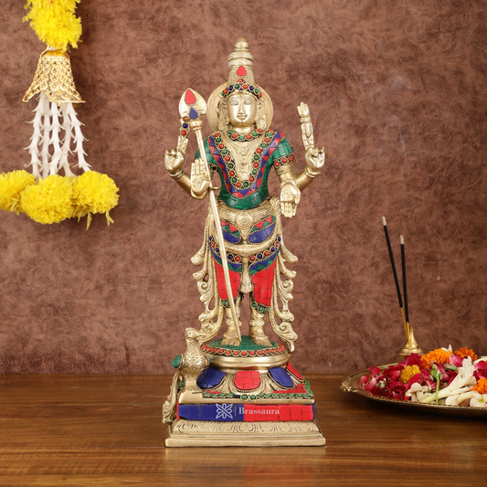 Brassaura™ Pure Brass Kartikeya Murugan Swamy Statue with Stonework – 14 Inches Height, 4.45 Kgs – Intricately Handcrafted
