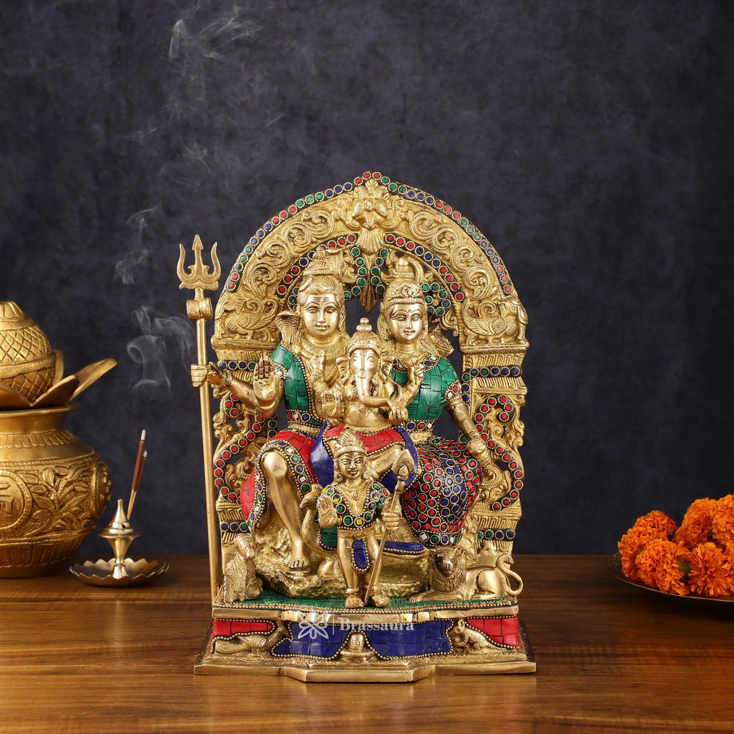 Brass Gem Stone Work Shiv parivar Idol for Home and Decor | Weight 6.8 Kg Height 12 inch | Multi-Coloured