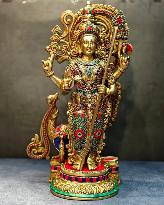 Brassaura™ Handcrafted Lord Murugan Statue in Superfine Brass – 20 Inches Height, 14 Kgs – With Peacock & Cobra