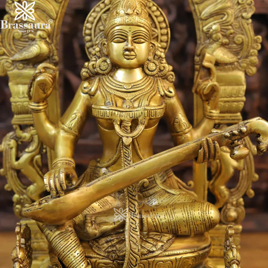 Brassaura® Handcrafted Brass Laxmi Ganesha Saraswati Murti – Height 24 Inches | Puja Room Idol