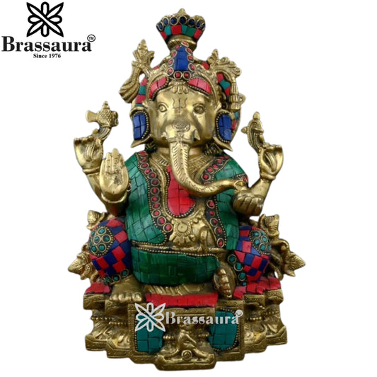 Brass Gem Stone Work Ganesha Statue Weight 4.1 Kg And Height 6 Inch