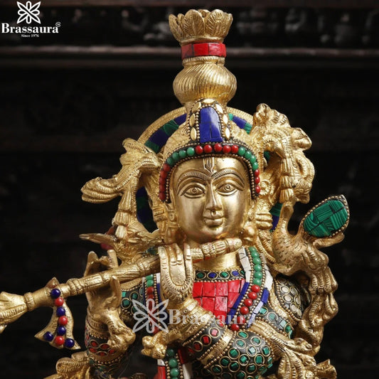 Brassaura® Lord Krishna Playing Flute with Cow Idol with Multi-Color Stone Work Finish | Pure Superfine Brass Handcrafted Murti | Brass Statue for Home Temple, Pooja Room | Height 21 Inches | Weight 16.8 Kgs