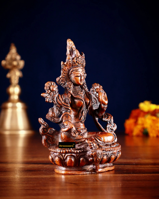 Brassaura™ Green Tara Brass Idol – Height 3.5 Inches | Weight 0.3 Kgs | Tibetan Red Finish