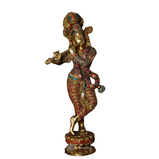 Brass Gem Stone Work Krishna Murti Weight 70 Kg And Height 45 Inch