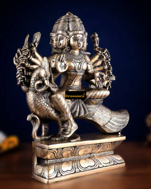 Brassaura™ Exquisite Brass Lord Aarumugam Murugan Idol – 16 Inches Height, 13.5 Kgs – Seated on Peacock