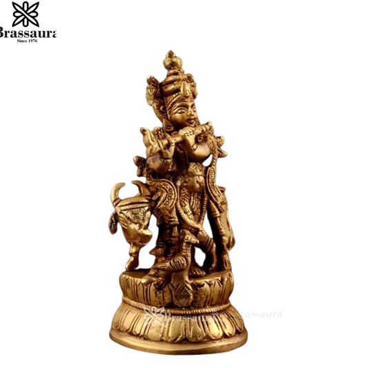 Brassaura® Brass Lord Krishna Playing Flute with Cow Idol | Handcrafted Gopal Krishna Murti for Home Temple, Mandir & Spiritual Décor | Height 4.3 Inches | Weight 300 Grams