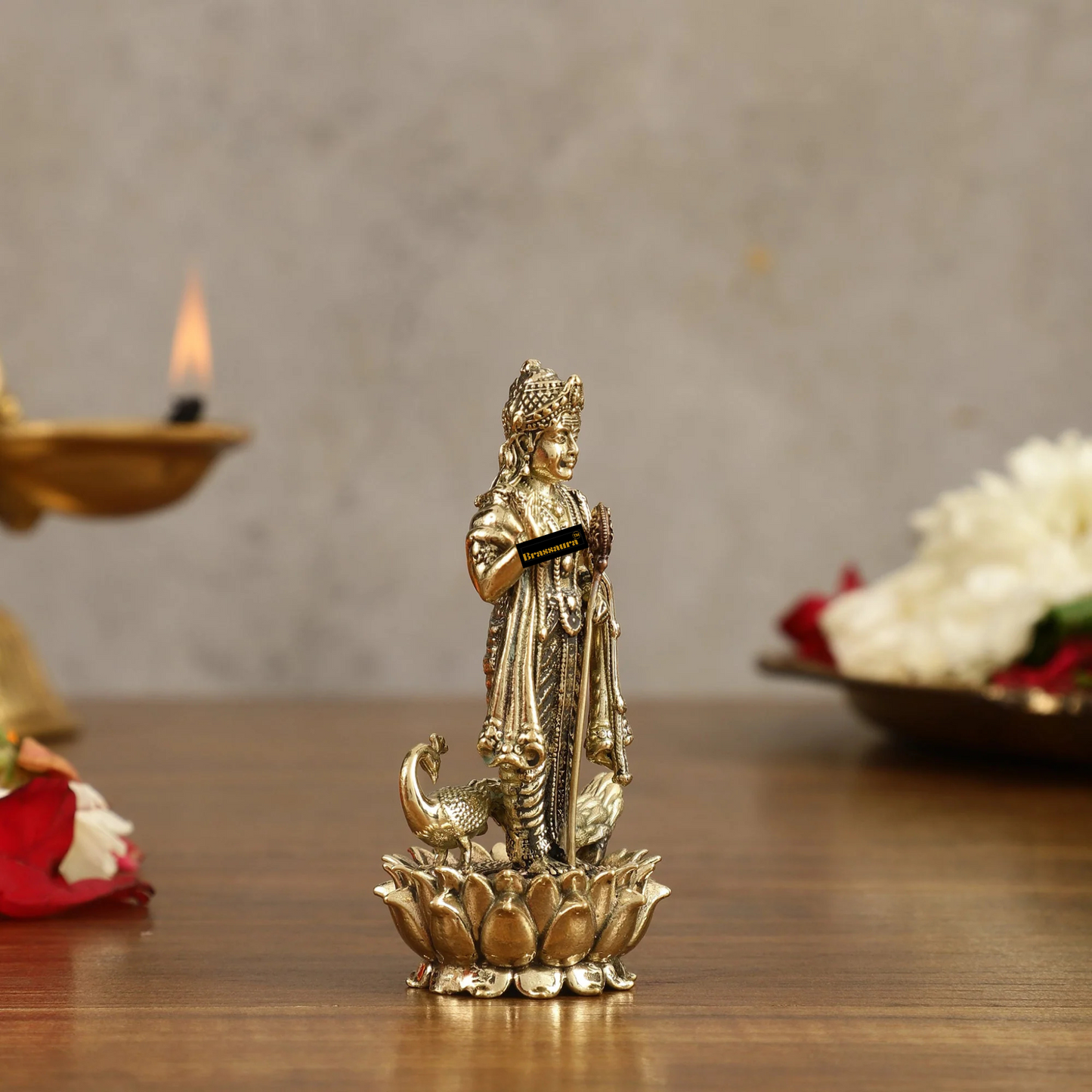 Brassaura™ Pure Brass Small Murugan Idol – 3.5 Inches Height, 93 Grams – Compact Handcrafted Statue