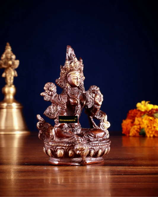 Brassaura™ Green Tara Brass Idol – Height 3.5 Inches | Weight 0.3 Kgs | Double Chola Finish