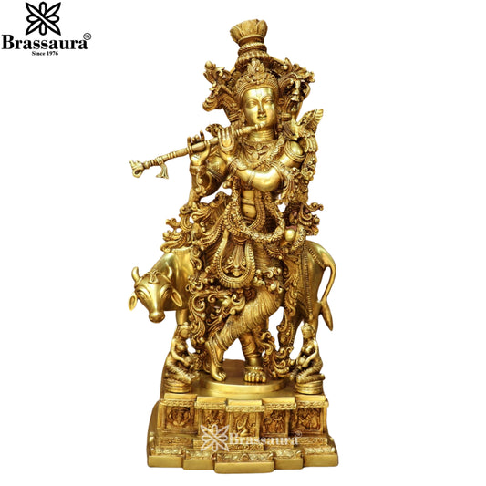 Brass Cow Krishna Murti Weight 35 Kg And Height 28 Inch