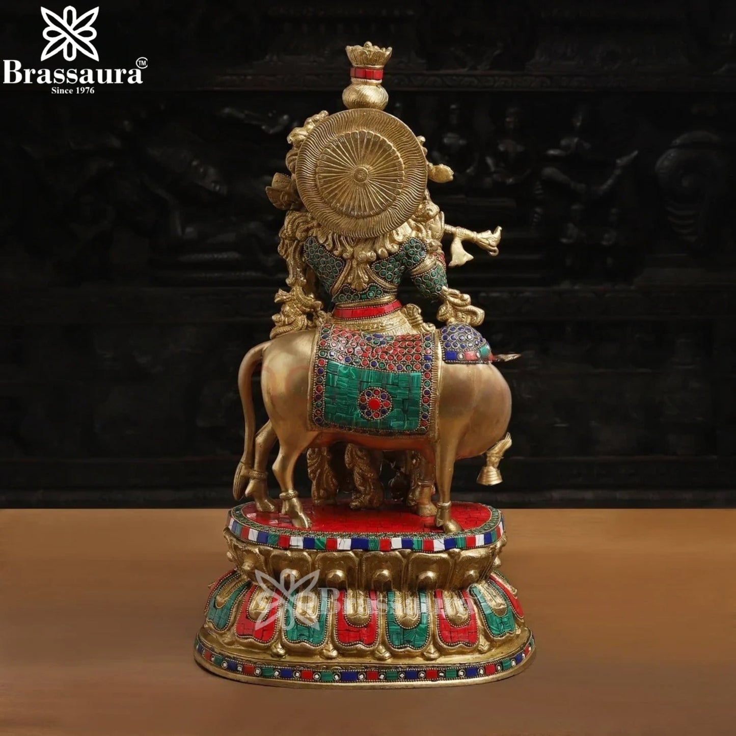 Brass Gem Stone Work Cow Krishna Murti Weight 16.56 Kg And Height 21 Inch
