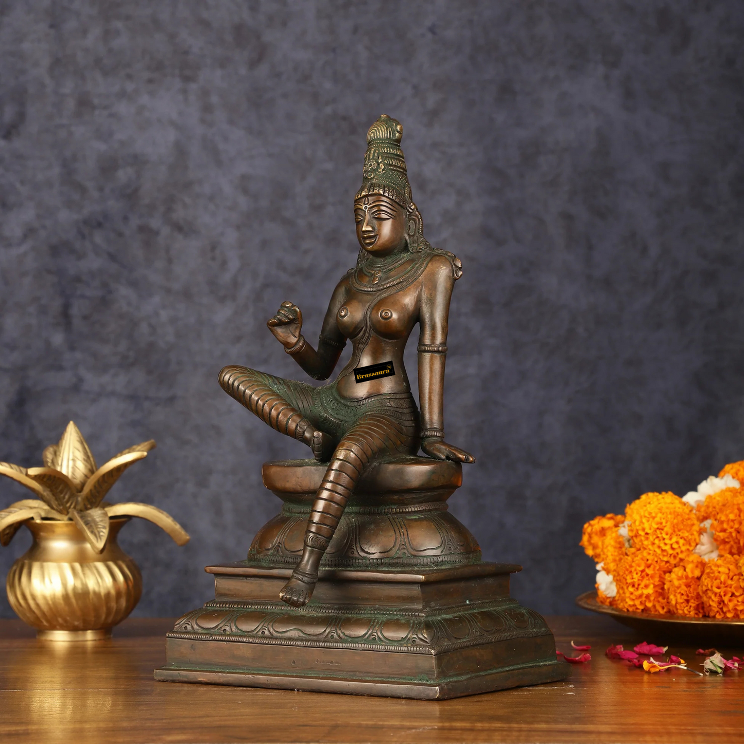 Brassaura™ Pure Brass Superfine Seated Parvati Idol – 11 Inch Height, 3.810 Kg Weight – Bronze Finish Statue