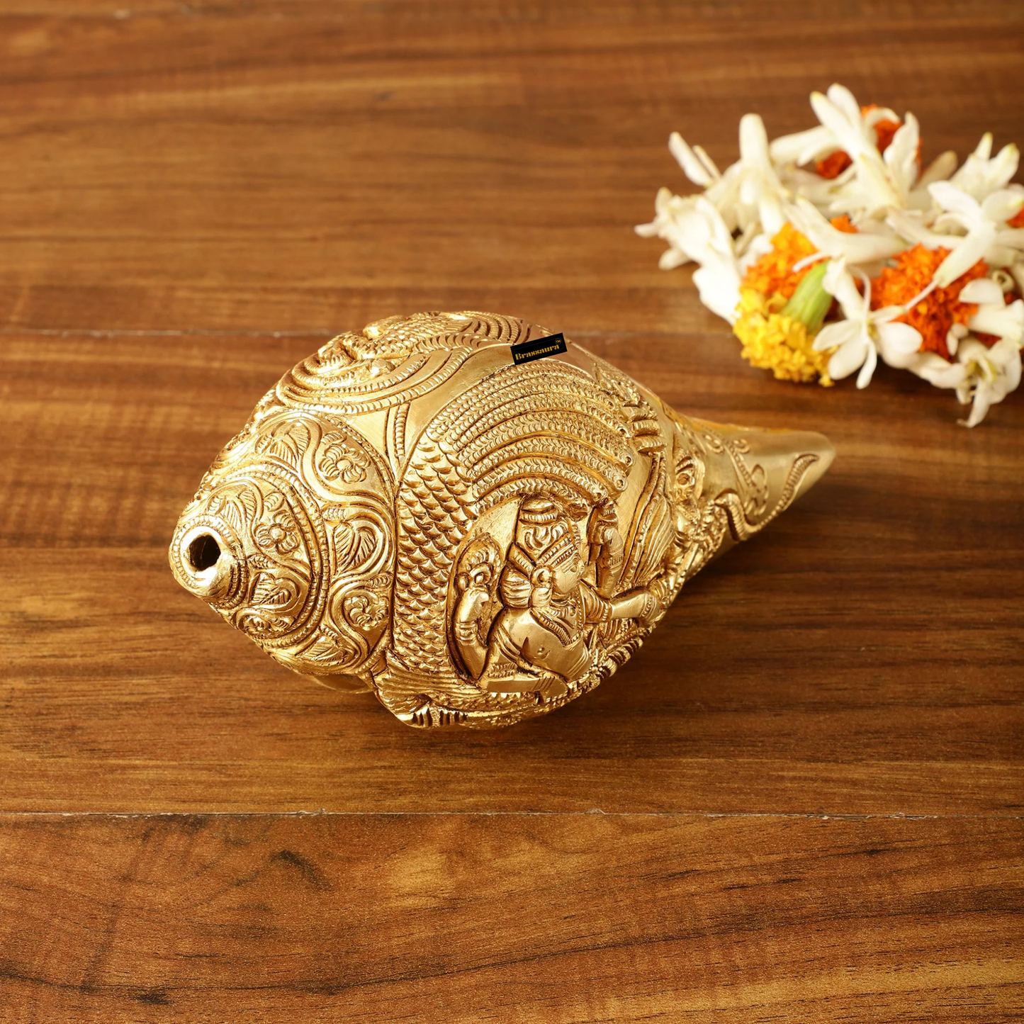 Brassaura™ Pure Brass Lakshmi Narayana Resting on Sheshanaag Shankh | 3.5 Inches Height | 1.5 Kgs Weight | Auspicious Home Décor