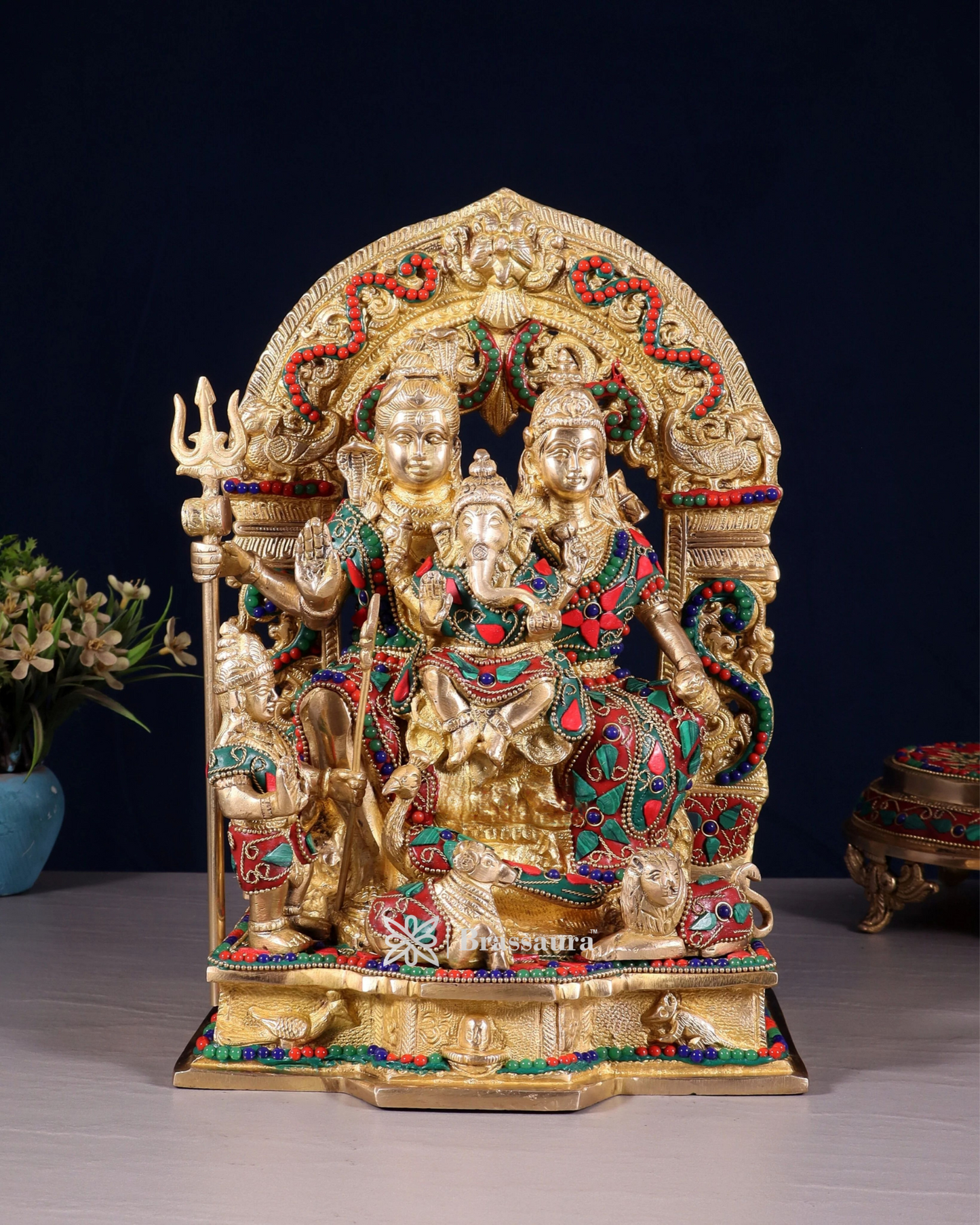 Brass Gem Stone Work Shiva Parivar Idol For Home Decor Height 12 Inch & Weight 6.8 Kg