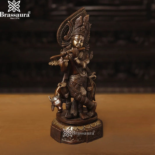 Brass Antique Cow Krishna Murti Weight 4.88 Kg And Height 14.5 Inch