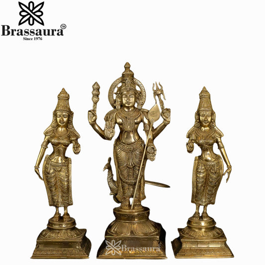 Brass Murugan With Deivanai & Valli Statue Weight 16.1 Kg And Height 19 Inch