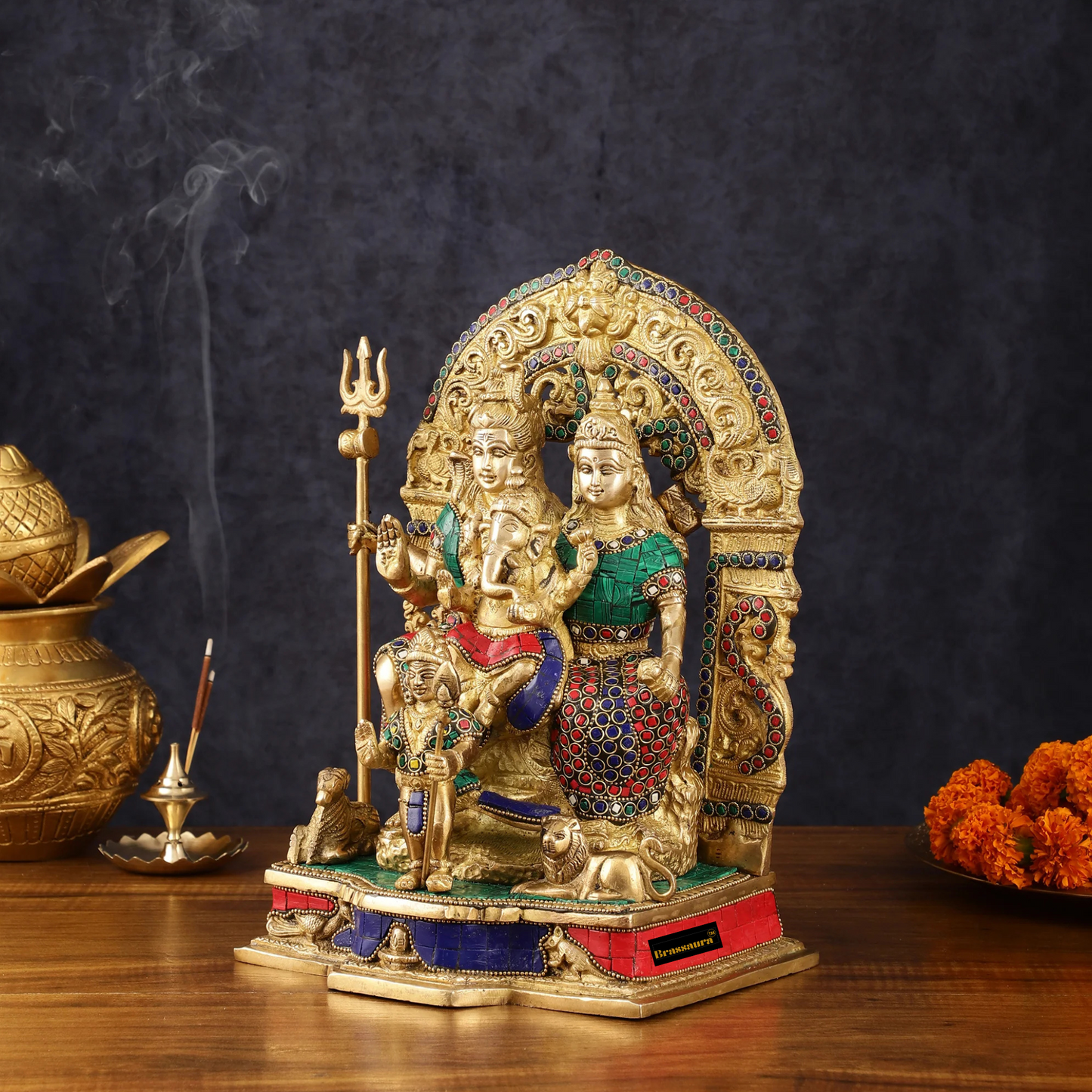 Brass Gem Stone Work Shiv parivar Idol for Home and Decor | Weight 6.8 Kg Height 12 inch | Multi-Coloured