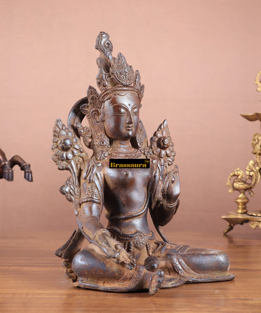 Brassaura™ Vintage Brass Green Tara Statue – Height 10.5 Inches, Weight 3.13 Kgs